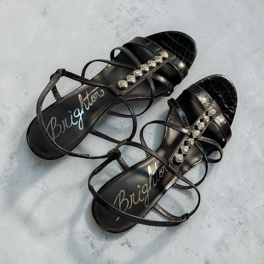 Brighton REWARD Strappy Heel Sandals Black Croc Embossed Leather MSRP $275 8.5 M
